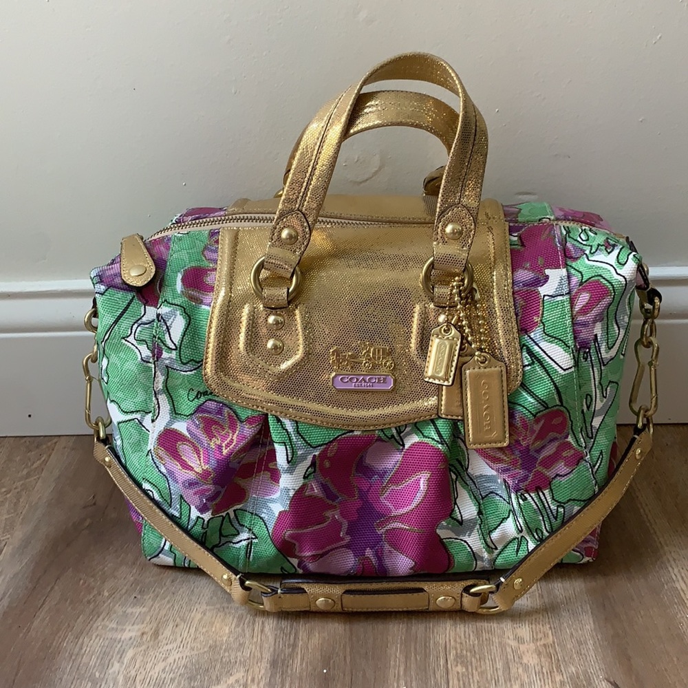 Vintage Coach Ashley Canvas Gold Floral Satchel